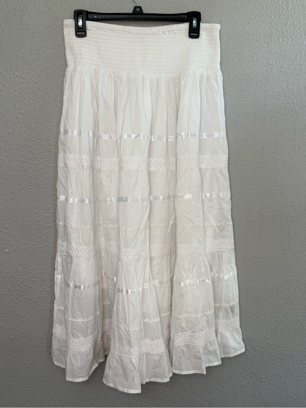 J Gee White Boho Maxi Skirt Size Small Tiered Ribbon Trim